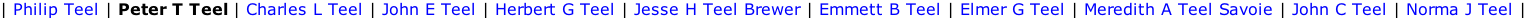 | Philip Teel | Peter T Teel | Charles L Teel | John E Teel | Herbert G Teel | Jesse H Teel Brewer | Emmett B Teel | Elmer G Teel | Meredith A Teel Savoie | John C Teel | Norma J Teel |