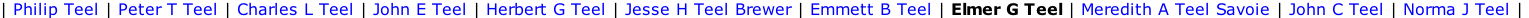 | Philip Teel | Peter T Teel | Charles L Teel | John E Teel | Herbert G Teel | Jesse H Teel Brewer | Emmett B Teel | Elmer G Teel | Meredith A Teel Savoie | John C Teel | Norma J Teel |