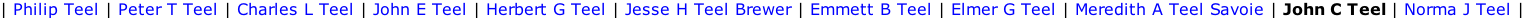 | Philip Teel | Peter T Teel | Charles L Teel | John E Teel | Herbert G Teel | Jesse H Teel Brewer | Emmett B Teel | Elmer G Teel | Meredith A Teel Savoie | John C Teel | Norma J Teel |